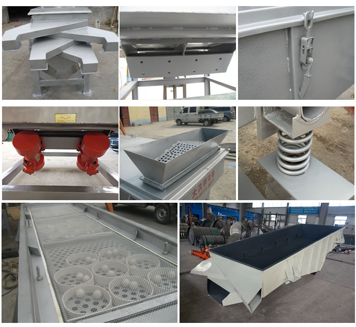 多層直線振動篩由進料口,底座,振動電機,篩網(wǎng),篩框,彈簧,出料口等組成。