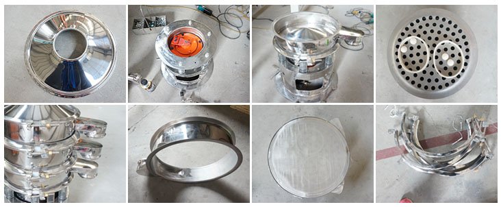 不銹鋼振動(dòng)篩結(jié)構(gòu)展示：防塵蓋，出料口，閘門，篩網(wǎng)于彈跳球，底座，振動(dòng)彈簧等。