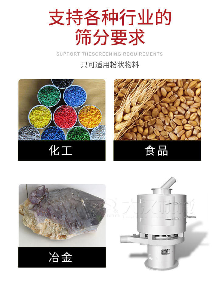 氣流篩用于礦粉，石墨粉，活性納米碳酸鈣，鋁灰，大豆粉，碳酸重鈣，石墨粉，木粉，干草，重金石粉，藥粉末，橡膠顆粒，草酸鹽，干料粉，木粉，聚酯粉，干粉，塑料，金屬粉末，橡膠粉，粉煤灰，石墨粉，陶瓷粉，鋅粉，石英粉，石灰粉，鐵粉，金屬硅粉等。