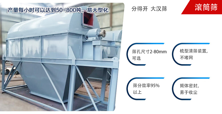 滾筒篩分開放式,封閉式兩種選擇無塵篩分。無軸滾筒：適用生活垃圾等一些有一定纏繞性物料;有軸滾筒：適用石料，砂土等含水量較少的物料
