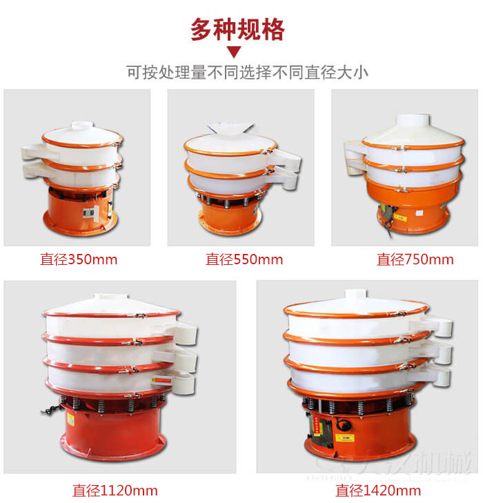 塑料振動篩不同篩分直徑進(jìn)行展示：350，550，750，1120，1420等。