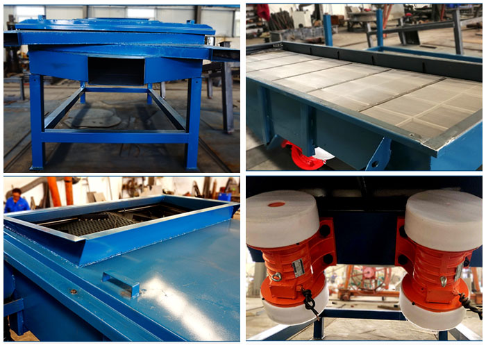 方形振動篩出料口，篩網(wǎng)和網(wǎng)架，進料口，振動電機等細節(jié)展示。