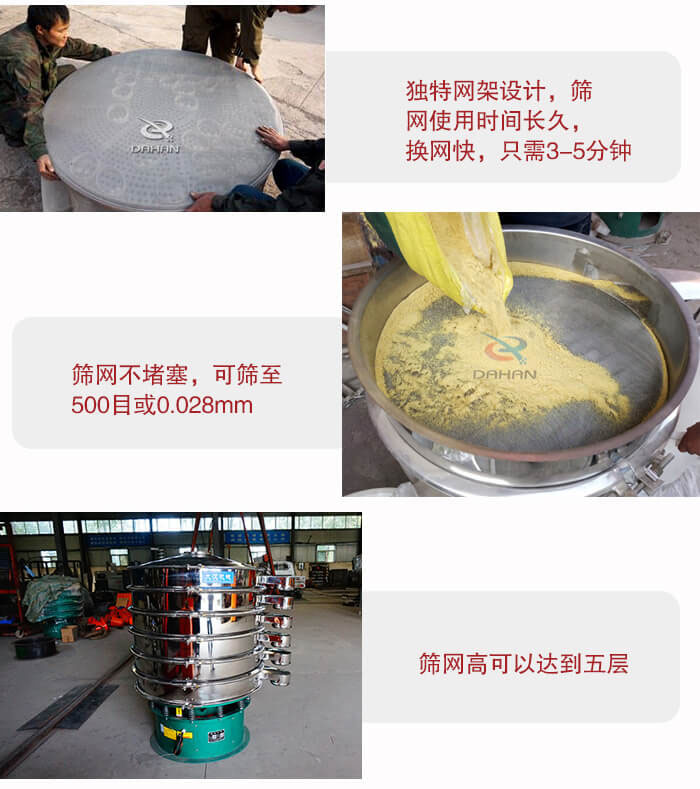 三次元振動篩的特點：篩網(wǎng)使用時間長換讓時間短，篩網(wǎng)不堵塞，可篩至500目或0.028mm。