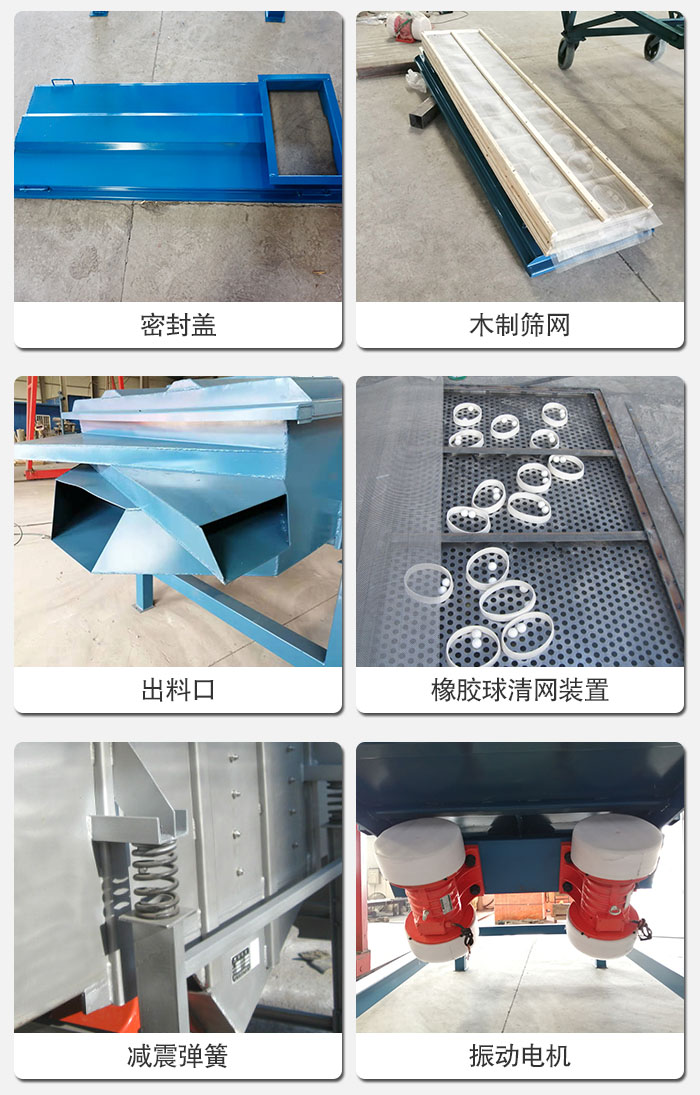直線篩結(jié)構(gòu)展示：篩網(wǎng)，篩箱，振動(dòng)電機(jī)，振動(dòng)電機(jī)座，減震彈簧，支架等部件展示圖