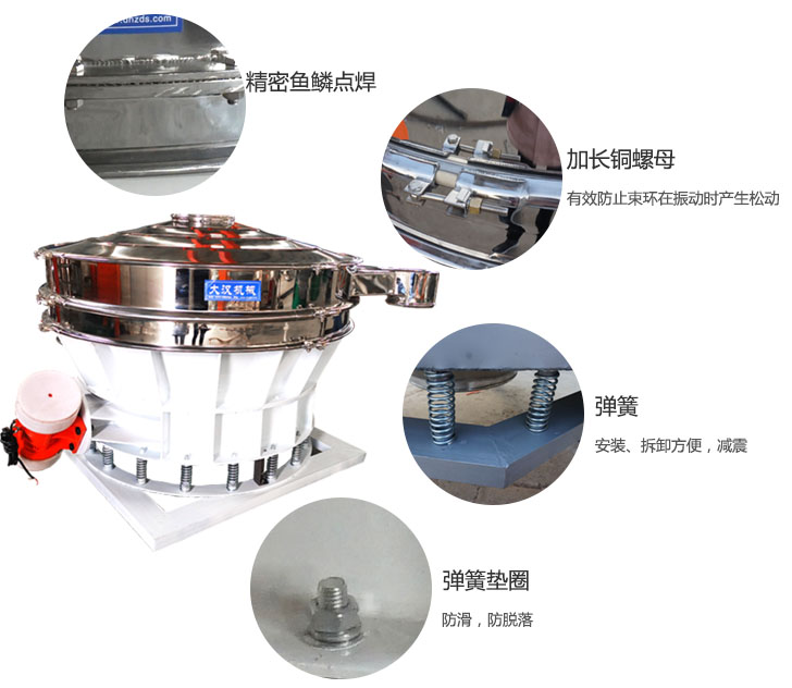 1500直排篩細(xì)節(jié)展示：彈簧，彈簧墊圈，加長(zhǎng)銅螺母。