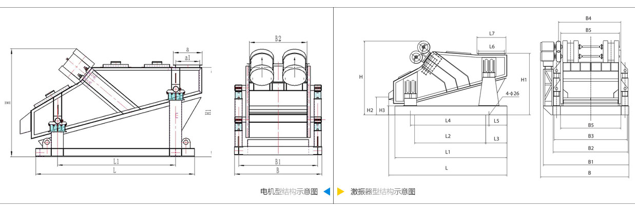 礦用振動篩電機振動式和激振器振動式的內(nèi)部結(jié)構尺寸圖。
