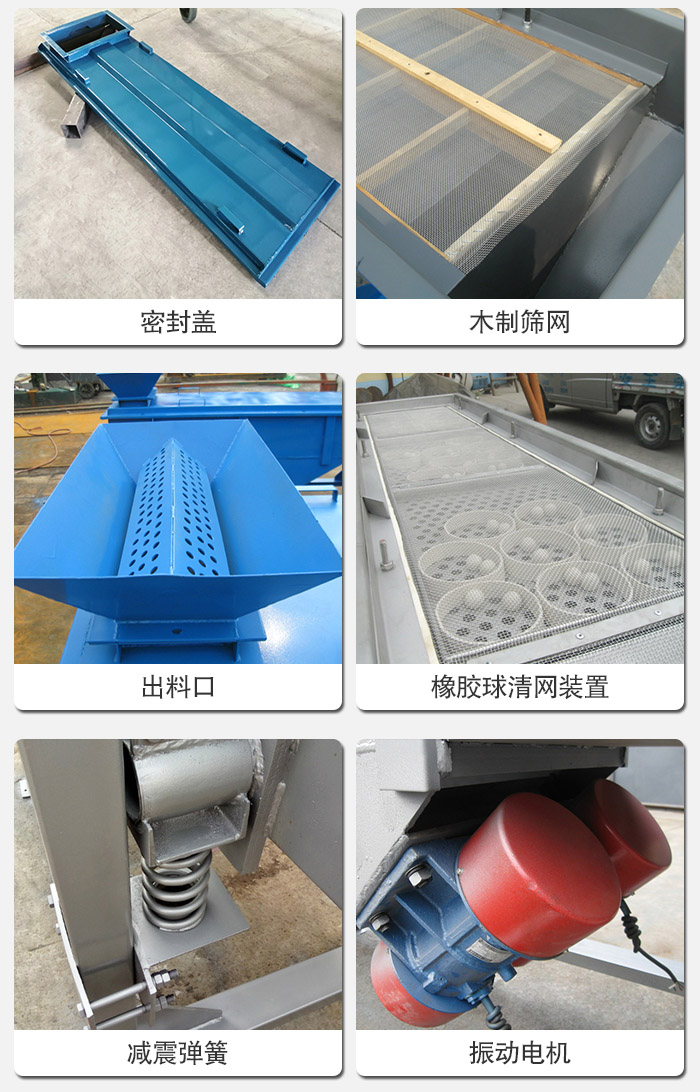 直線篩分機(jī)的結(jié)構(gòu)展示圖：篩箱是物料主要篩分設(shè)備之一，篩網(wǎng)用于篩分物料，振動(dòng)電機(jī)幫助篩網(wǎng)篩分。