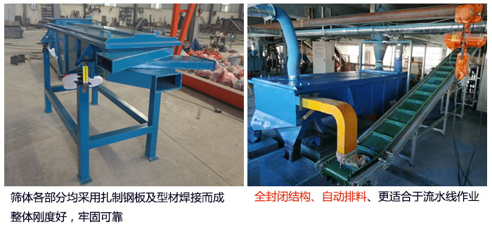 直線篩分機(jī)篩體各部分均采用扎制鋼板及型材焊接而成整體剛度好，牢固可靠；全封閉結(jié)構(gòu)、自動(dòng)排料、更適合于流水線作業(yè)。