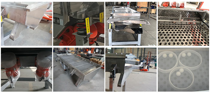 不銹鋼直線篩不同定制出料口，電機，篩網(wǎng)，篩箱，彈跳球等部件細節(jié)展示