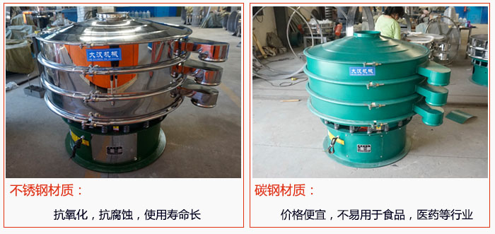800型振動篩有不銹鋼和碳鋼兩種材質(zhì)，不銹鋼材質(zhì)：抗氧化，抗腐蝕，使用壽命長 碳鋼材質(zhì)：價格便宜，不易篩分食品，化工，醫(yī)藥等行業(yè)的物料。