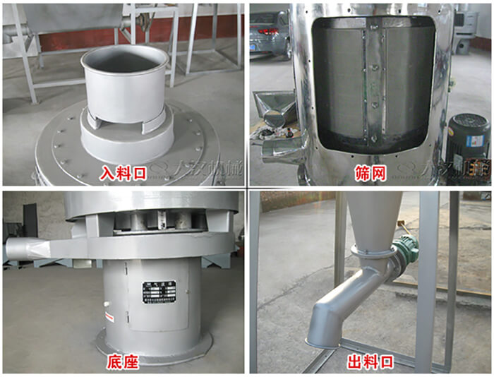 氣流篩部件展示：入料口，篩網(wǎng)，底座，出料口等。