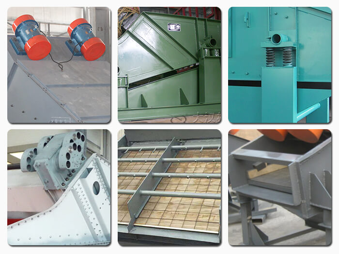 礦用振動篩主要由激振器、篩體、篩網(wǎng)、減振裝置及座架等組成。篩箱由篩框、篩板、襯板等組成