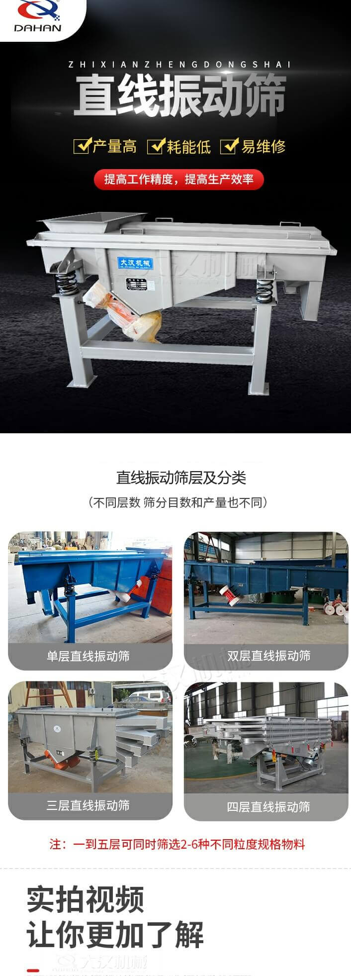 直線振動篩概述，產(chǎn)量高，耗能低，易維修，提高工作精度，提高生產(chǎn)效率，直線振動篩層級分類：不同層數(shù)，篩分目數(shù)和產(chǎn)量也不同：單層，雙層，三層，四層等。