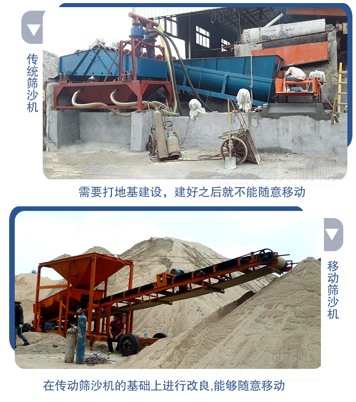 移動的篩沙機在安裝前需要打地基，而固定完畢后就不能隨意的移動，而移動篩沙機不需要打地并且隨時能夠進行移動。