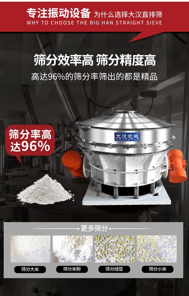 直排篩適用物料有面粉，淀粉，洗衣粉，金屬粉，添加劑，化工，非礦等行業(yè)。