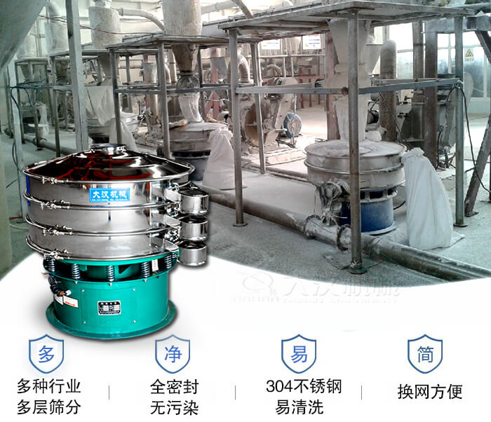 多種行業(yè)多層篩分采用全密封結(jié)構(gòu)，無(wú)污染。304不銹鋼材質(zhì)易清洗。同時(shí)換網(wǎng)方便。