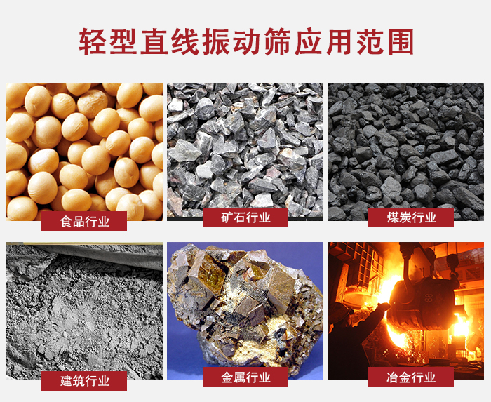 輕型直線振動篩應(yīng)用范圍較廣多使用與顆粒狀，粉狀以及其它重型行業(yè)的輸送。