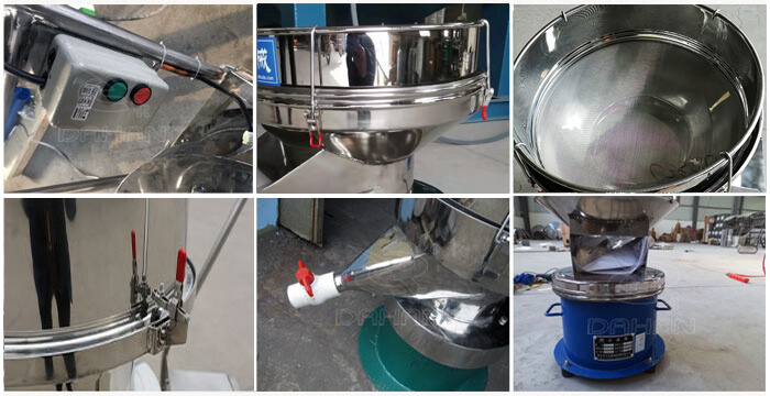 過濾篩細(xì)節(jié)展示：控制開關(guān)，篩框，出料口閥門，底座等