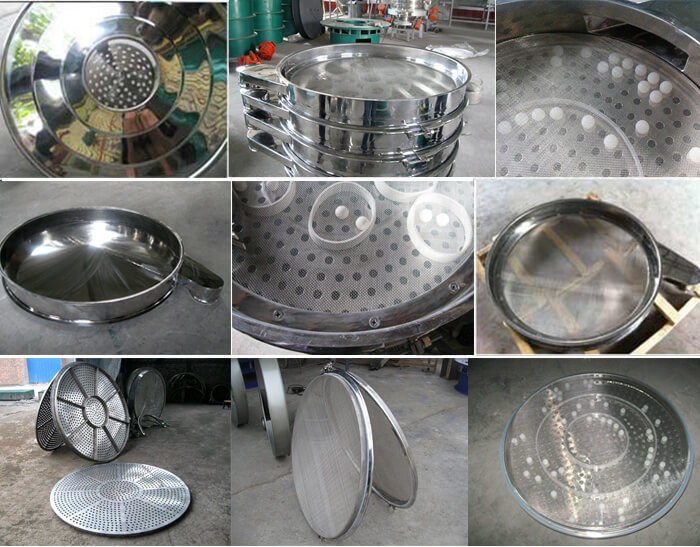 食品振動篩細(xì)節(jié)展示：防塵蓋，篩框，網(wǎng)架，底框等。